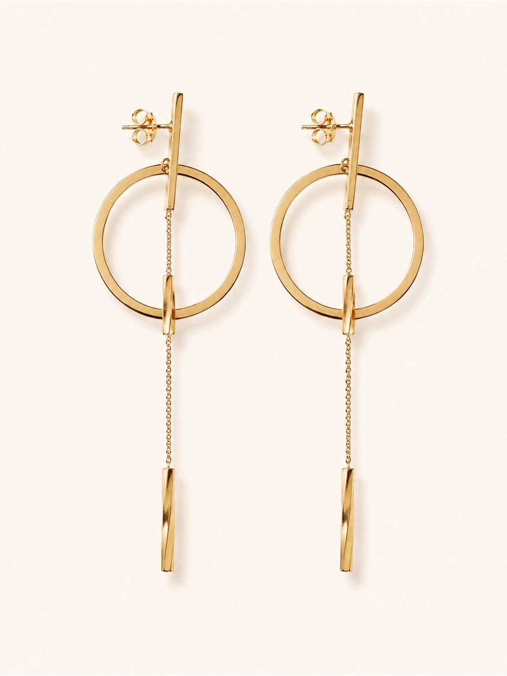 18k solid Gold Circle Drop Earrings with Chain and Bar